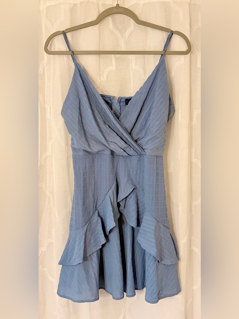 Trixxi Medium Dusty Blue Wrap Ruffle Mini Dress | V-Neck | Attached Tie